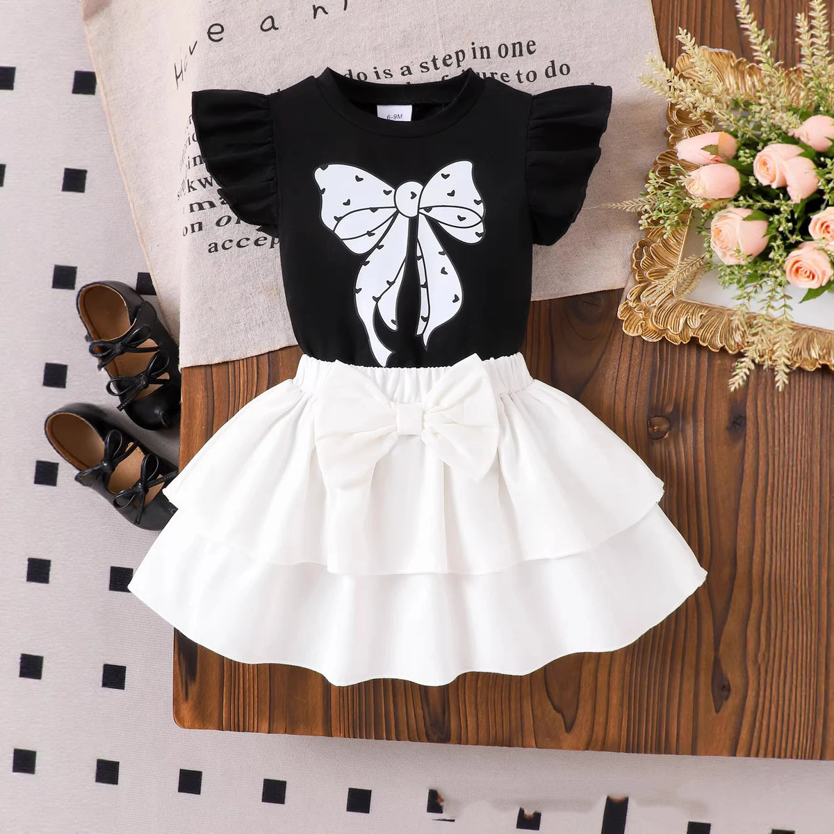 Rosette Ruffle Top & Pleated Skirt Set for Baby Girls