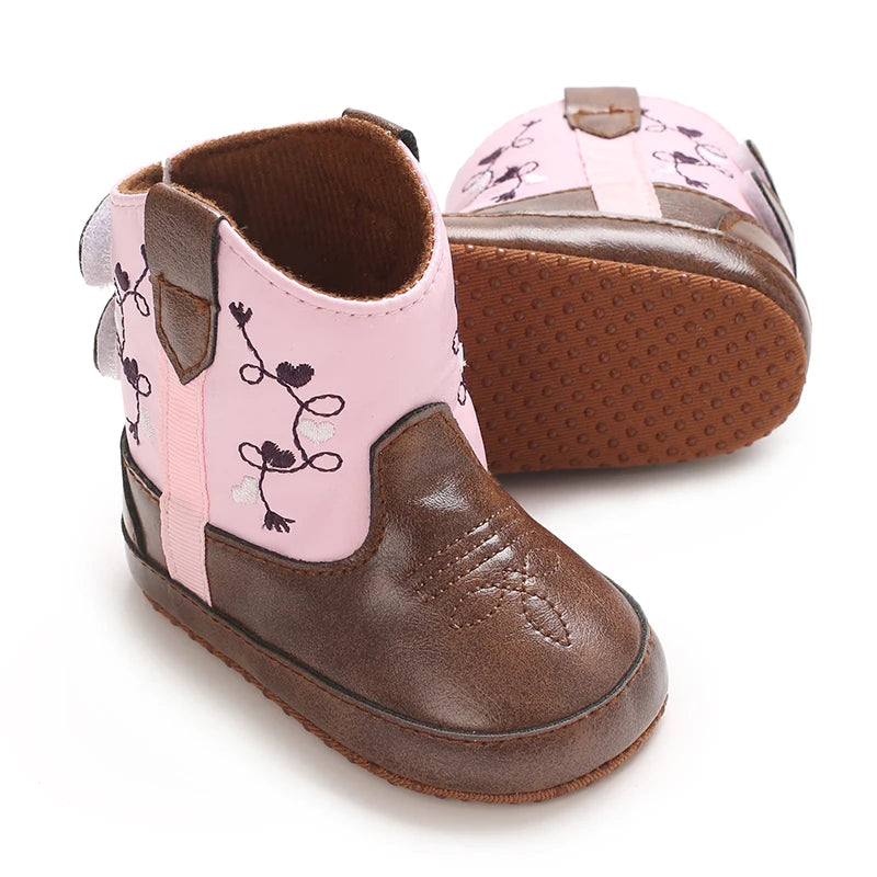 Western Floral Embroidered Baby Cowboy Boots with Soft Cotton Soles
