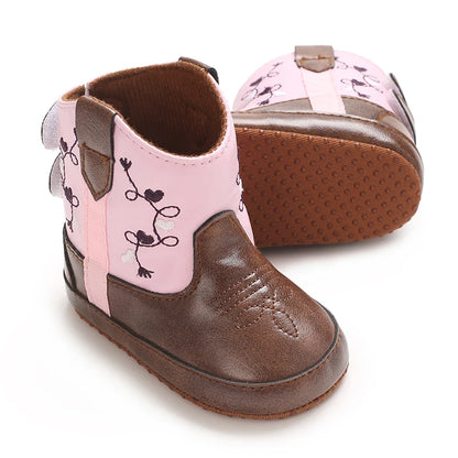 Western Floral Embroidered Baby Cowboy Boots with Soft Cotton Soles