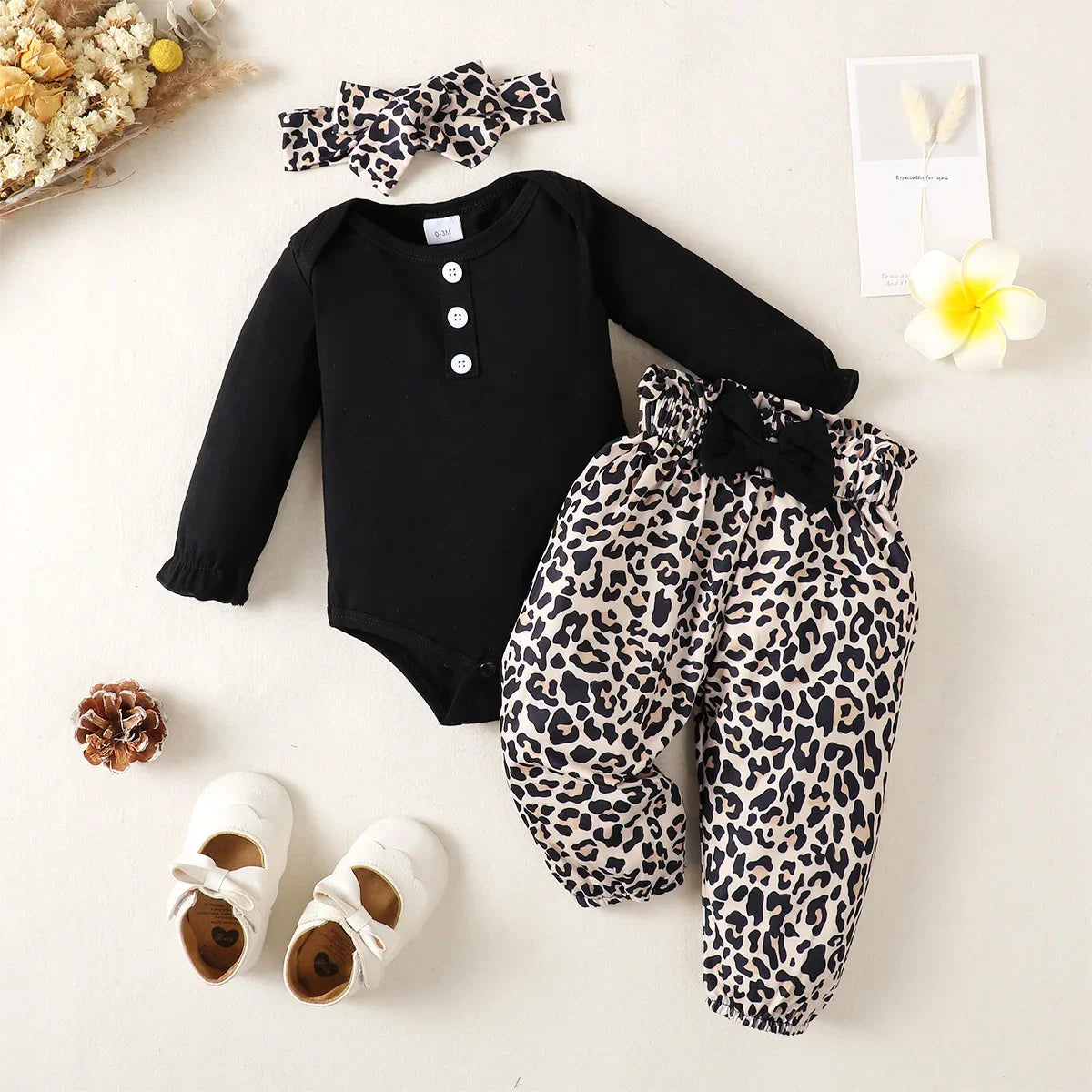 Ruffle-Sleeve Bodysuit, Printed Pants & Bow Headband Set for Baby Girls