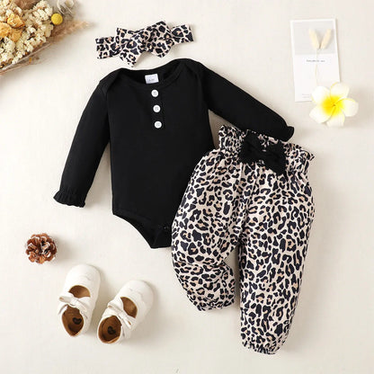Ruffle-Sleeve Bodysuit, Printed Pants & Bow Headband Set for Baby Girls