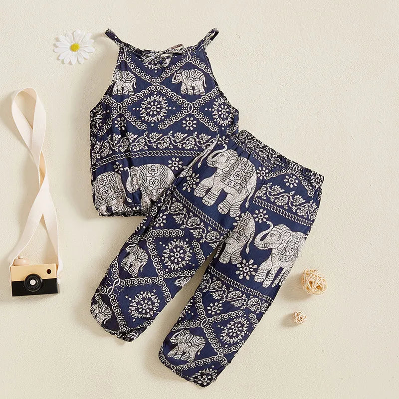Elephant Print Sleeveless Top & Harem Pants Set for Girls