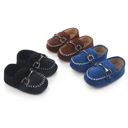 Metal Buckle Suede-Look Baby Loafers with Contrast Stitching