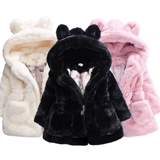 Bear-Ear Plush Hooded Winter Coat for Girls