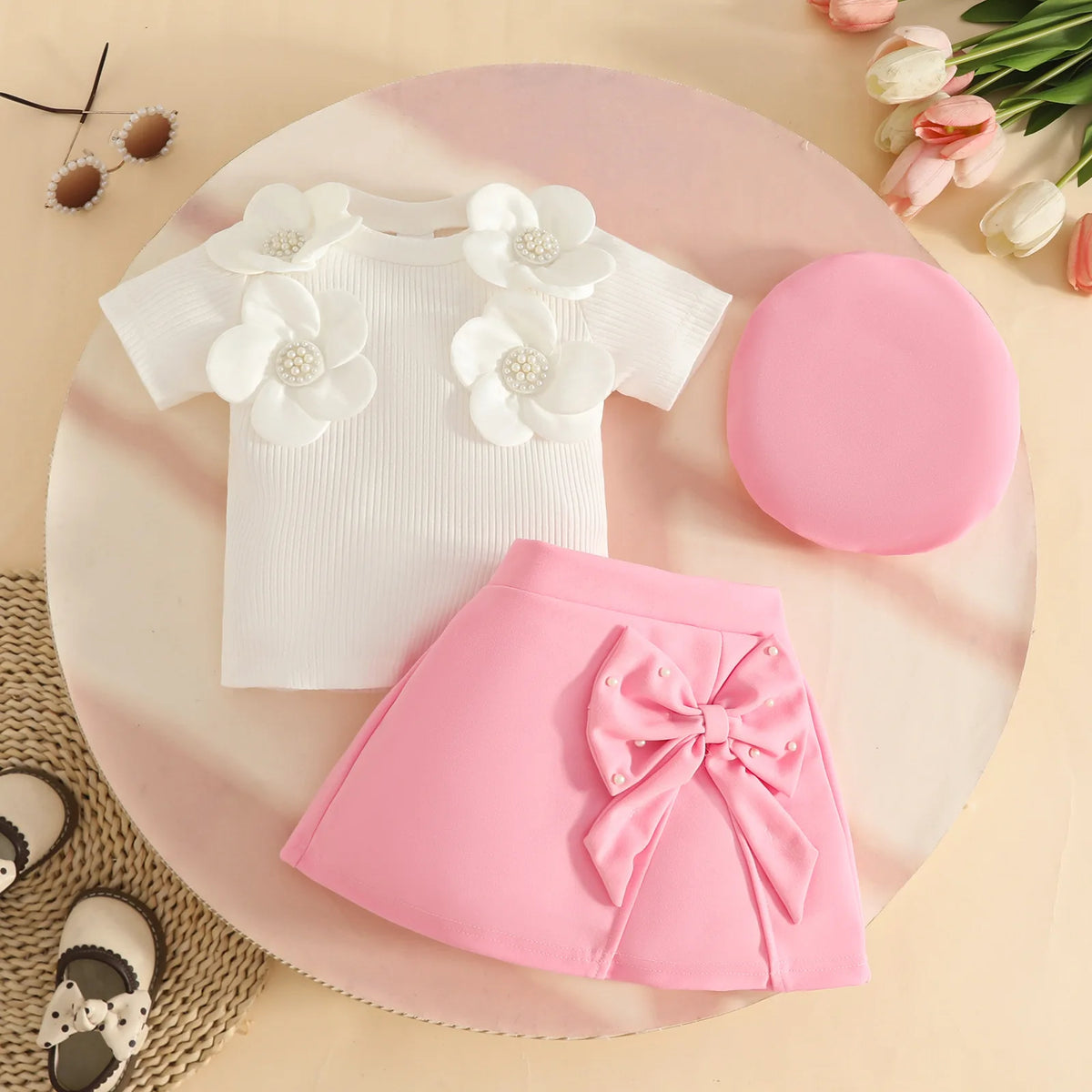 Floral Appliqué Ribbed Top & Pleated Shorts Set for Girls