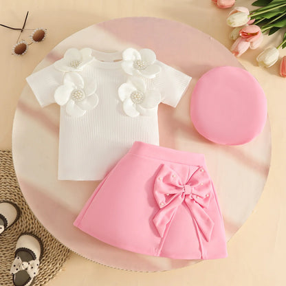 Floral Appliqué Ribbed Top & Pleated Shorts Set for Girls