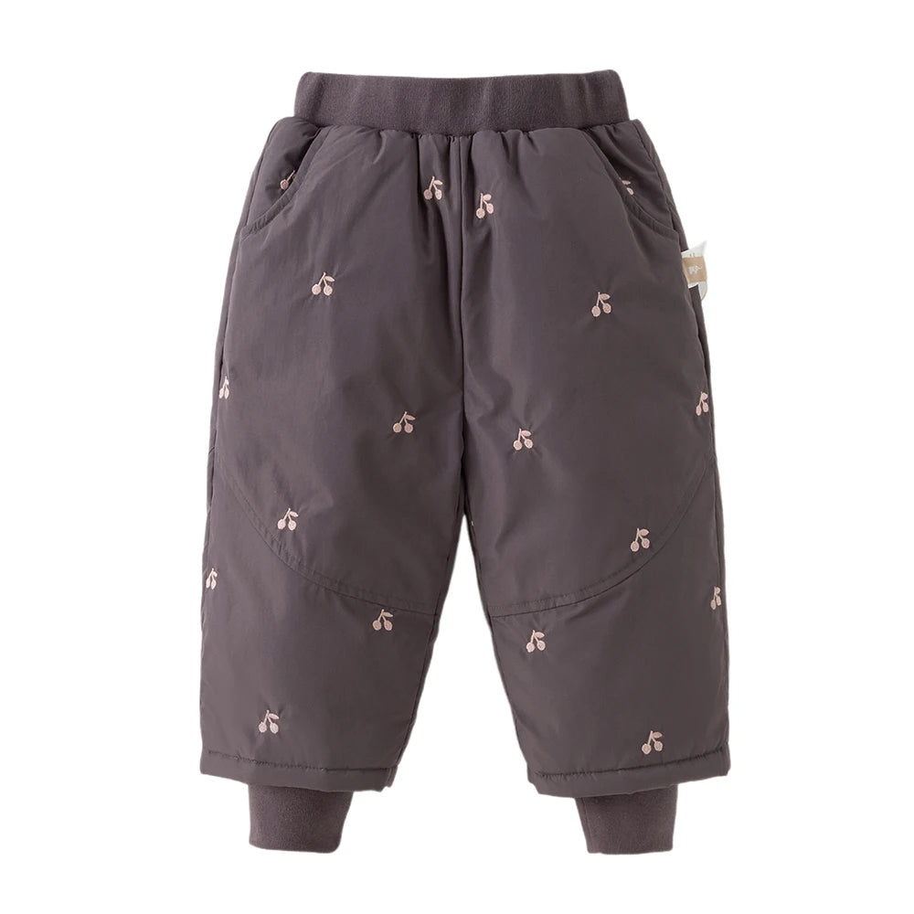 Cherry Embroidered Padded Winter Pants for Girls