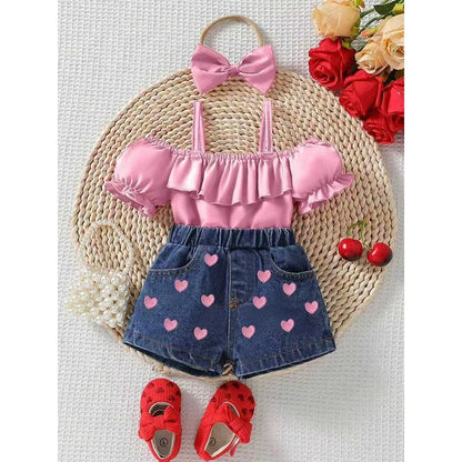 Heart & Ruffle Girls’ Summer Top and Denim Shorts Set