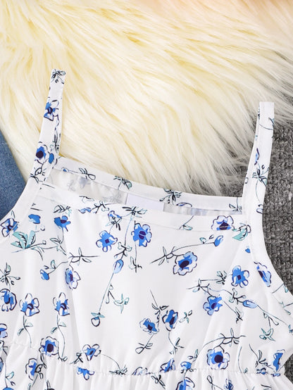 Cropped Denim Jacket & Blue Floral Tiered Dress Set | Baby Girl Two-Piece Spring Outfit