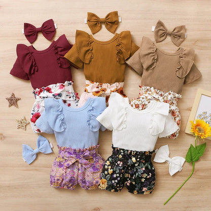 Ruffle-Sleeve Bodysuit, Printed Pants & Bow Headband Set for Baby Girls