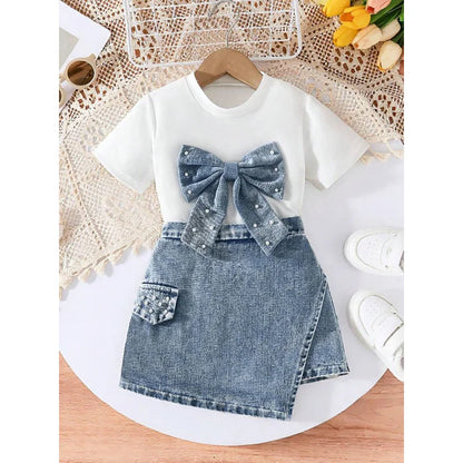 Pearl Bow Tee & Denim Wrap Skirt Set for Girls