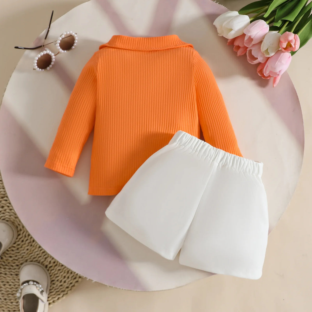 Floral Appliqué Ribbed Top & Pleated Shorts Set for Girls