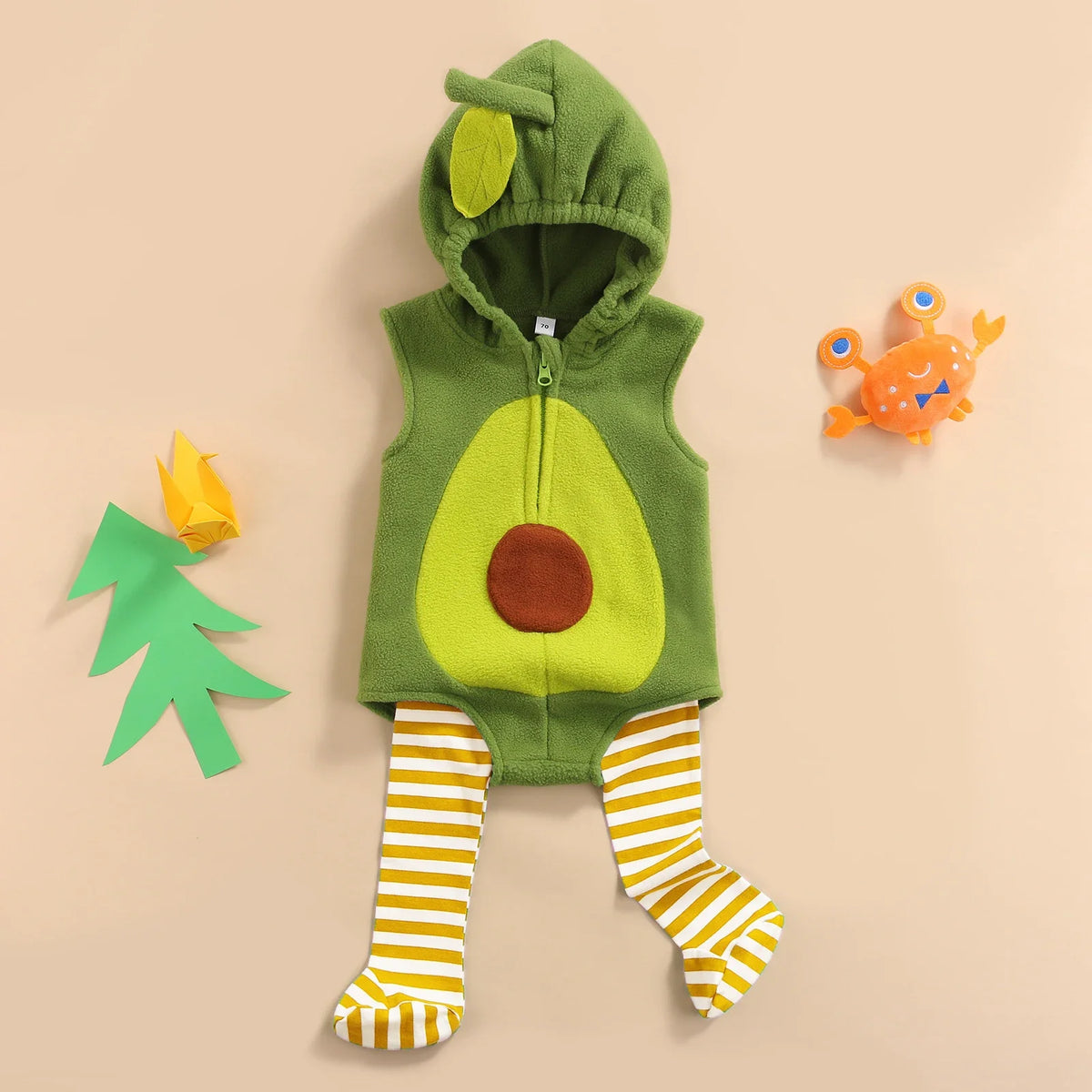 Avocado Hooded Fleece Romper & Striped Stockings Set