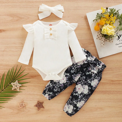 Ruffle-Sleeve Bodysuit, Printed Pants & Bow Headband Set for Baby Girls