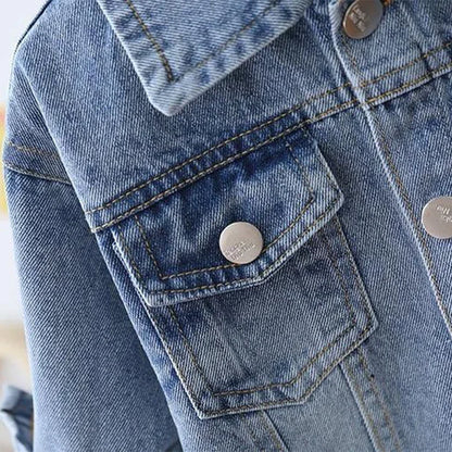 Girls Cartoon Denim Jacket – Playful Button-Front Coat for Spring & Fall (Ages 2–7)