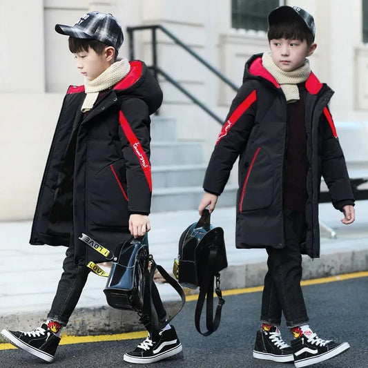 Contrast-Panel Longline Hooded Winter Coat for Boys