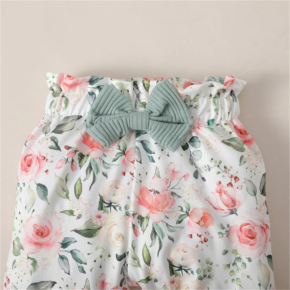 Floral Ribbed Bodysuit, Pants & Bow Headband Set for Baby Girls