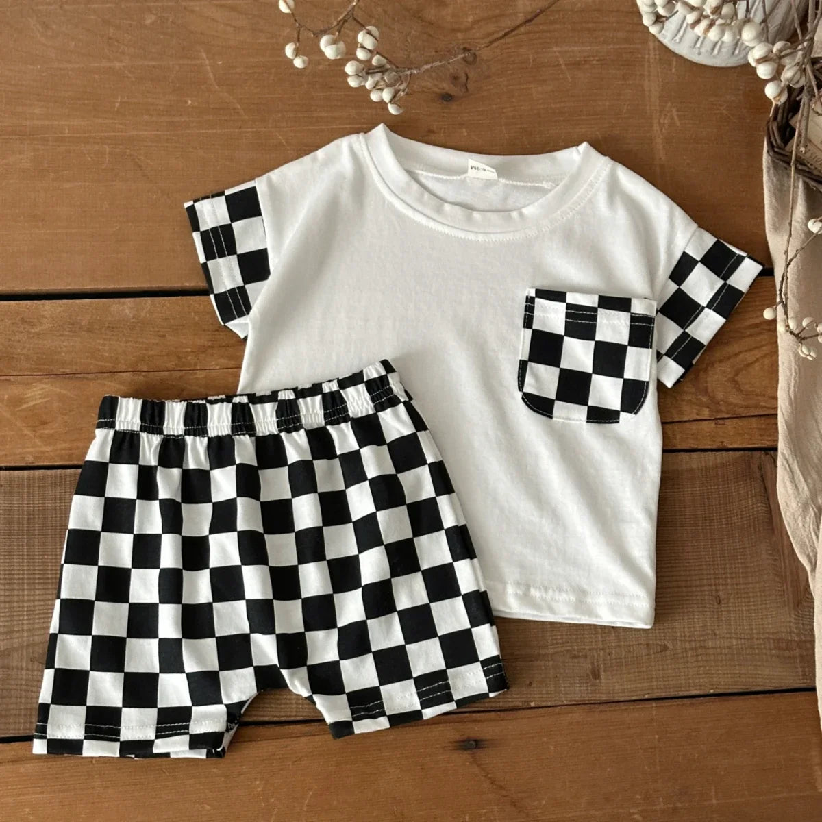 Black & White Checkerboard Tee & Shorts Set for Boys