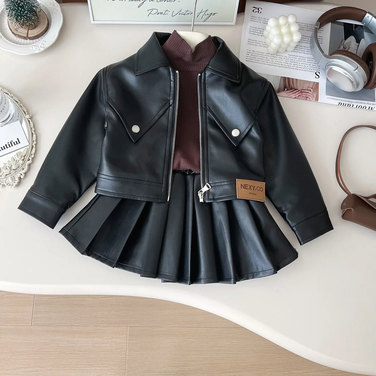 Faux Leather Moto Jacket & Pleated Skirt Set for Girls