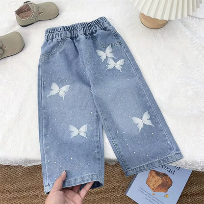 Butterfly & Bow Wide-Leg Denim Pants for Girls
