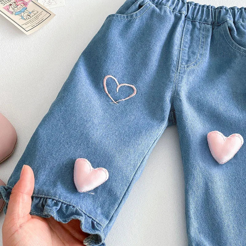 Heart Patch Ruffle Denim Pants & Bunny Top Separates
