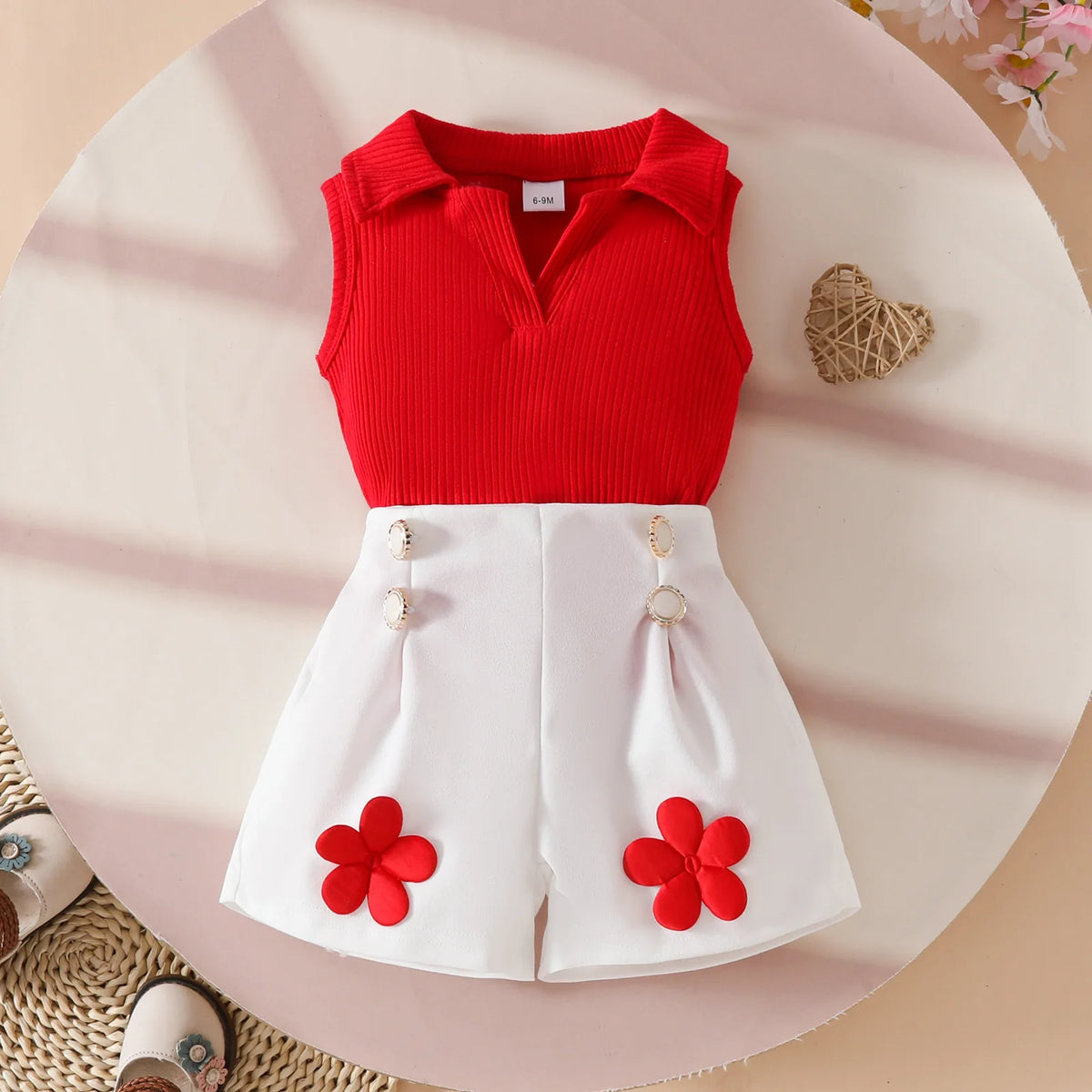 Floral Appliqué Ribbed Top & Pleated Shorts Set for Girls