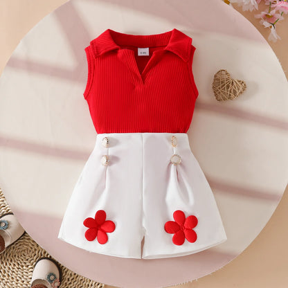 Floral Appliqué Ribbed Top & Pleated Shorts Set for Girls