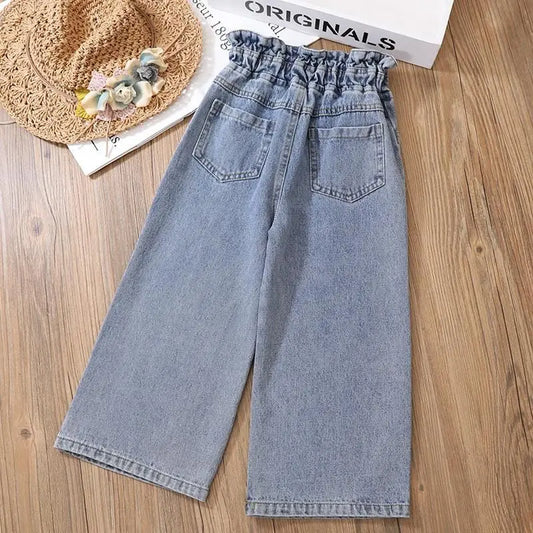 Double-Button D-Ring Wide-Leg Jeans for Girls