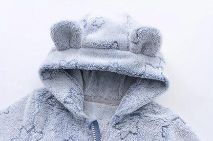 Plush Hooded Baby Jumpsuit – Cozy Flannel One-Piece with Bear Ears (0–12 Months)