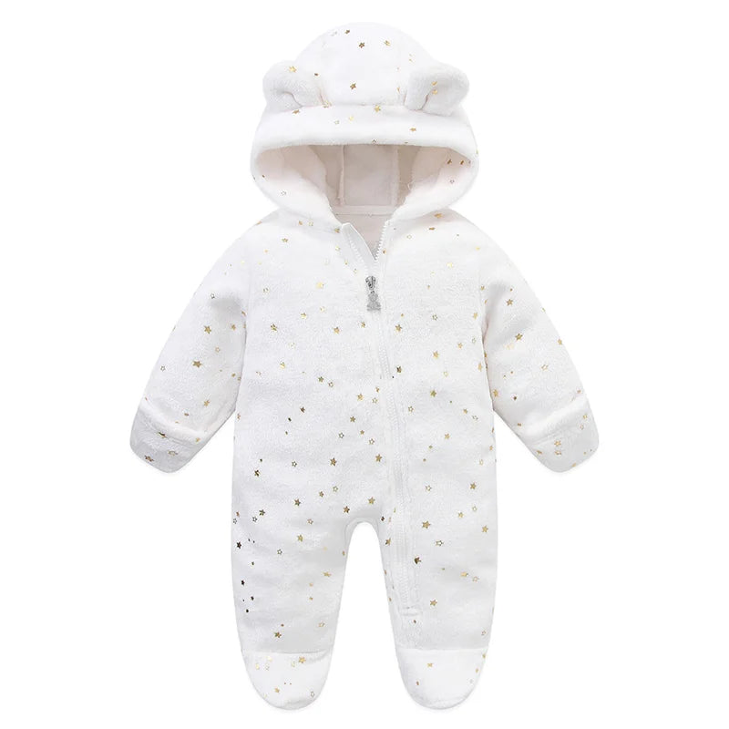 Plush Hooded Baby Jumpsuit – Cozy Flannel One-Piece with Bear Ears (0–12 Months)