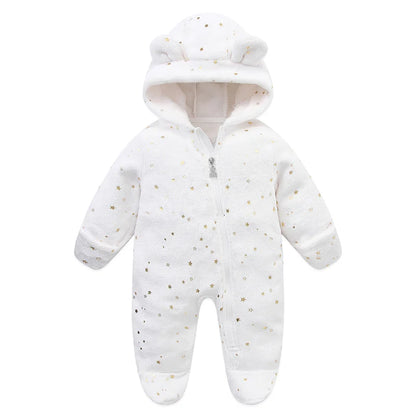 Plush Hooded Baby Jumpsuit – Cozy Flannel One-Piece with Bear Ears (0–12 Months)