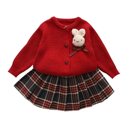 Plush Bunny Knit Cardigan & Plaid Skirt Set for Girls