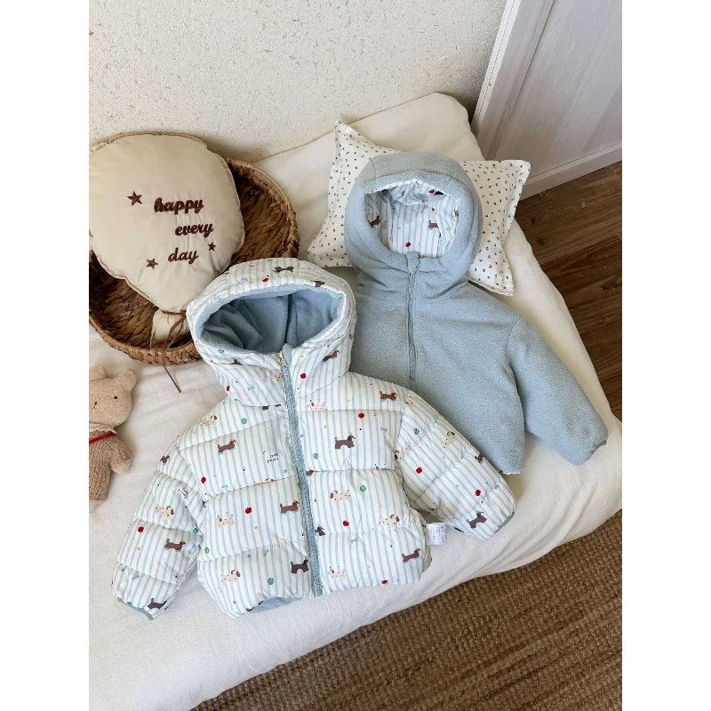 Reversible Bunny Print Hooded Puffer Jacket for Girls