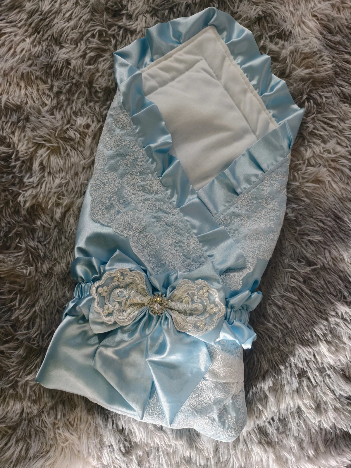 Lace-Trim Satin Baby Swaddle Blanket with Floral Bow