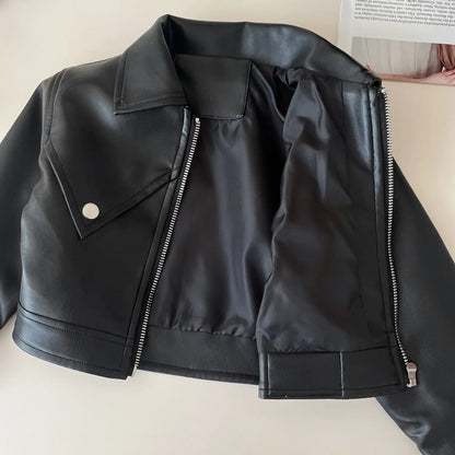 Faux Leather Moto Jacket & Pleated Skirt Set for Girls