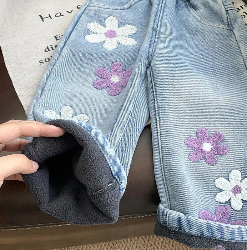 Floral Embroidered Fleece-Lined Wide-Leg Jeans for Girls
