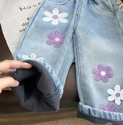 Floral Embroidered Fleece-Lined Wide-Leg Jeans for Girls