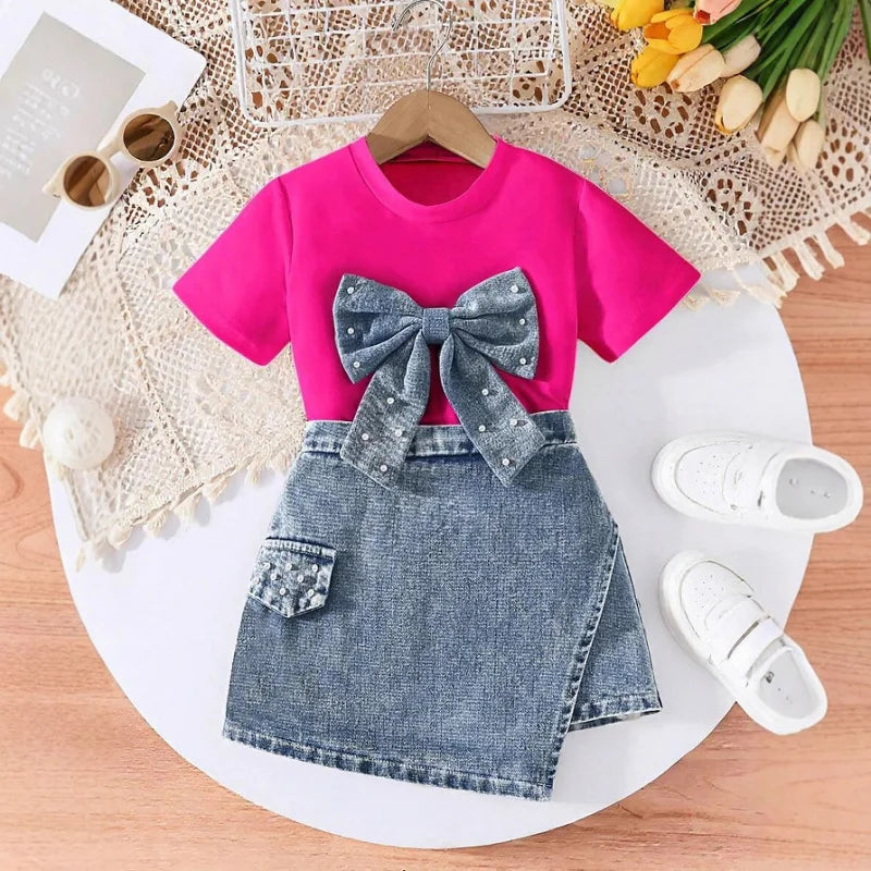 Pearl Bow Tee & Denim Wrap Skirt Set for Girls