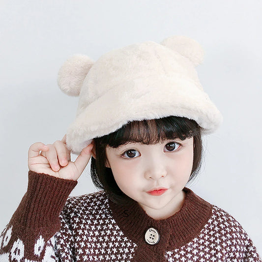 Plush Bear-Ear Winter Bucket Hat for Girls