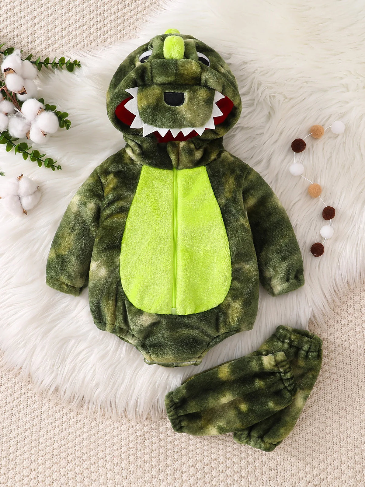 Plush Dinosaur Baby Romper with Hood & Matching Sock Covers