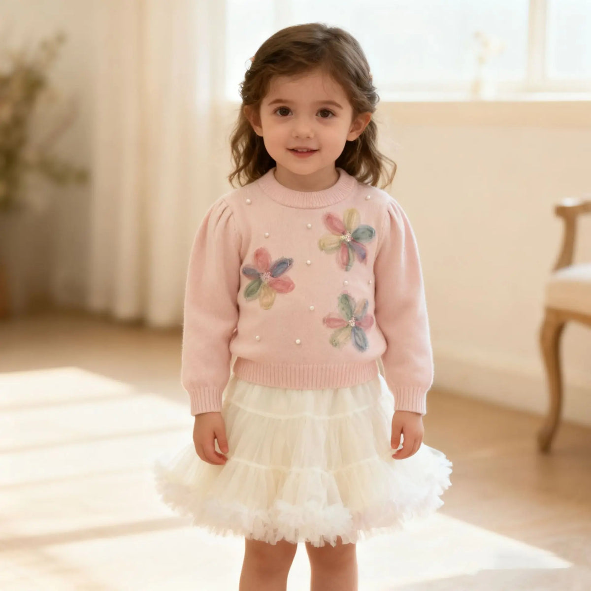 Pastel Petal Knit Sweater & Ruffle Tutu Skirt Set for Girls