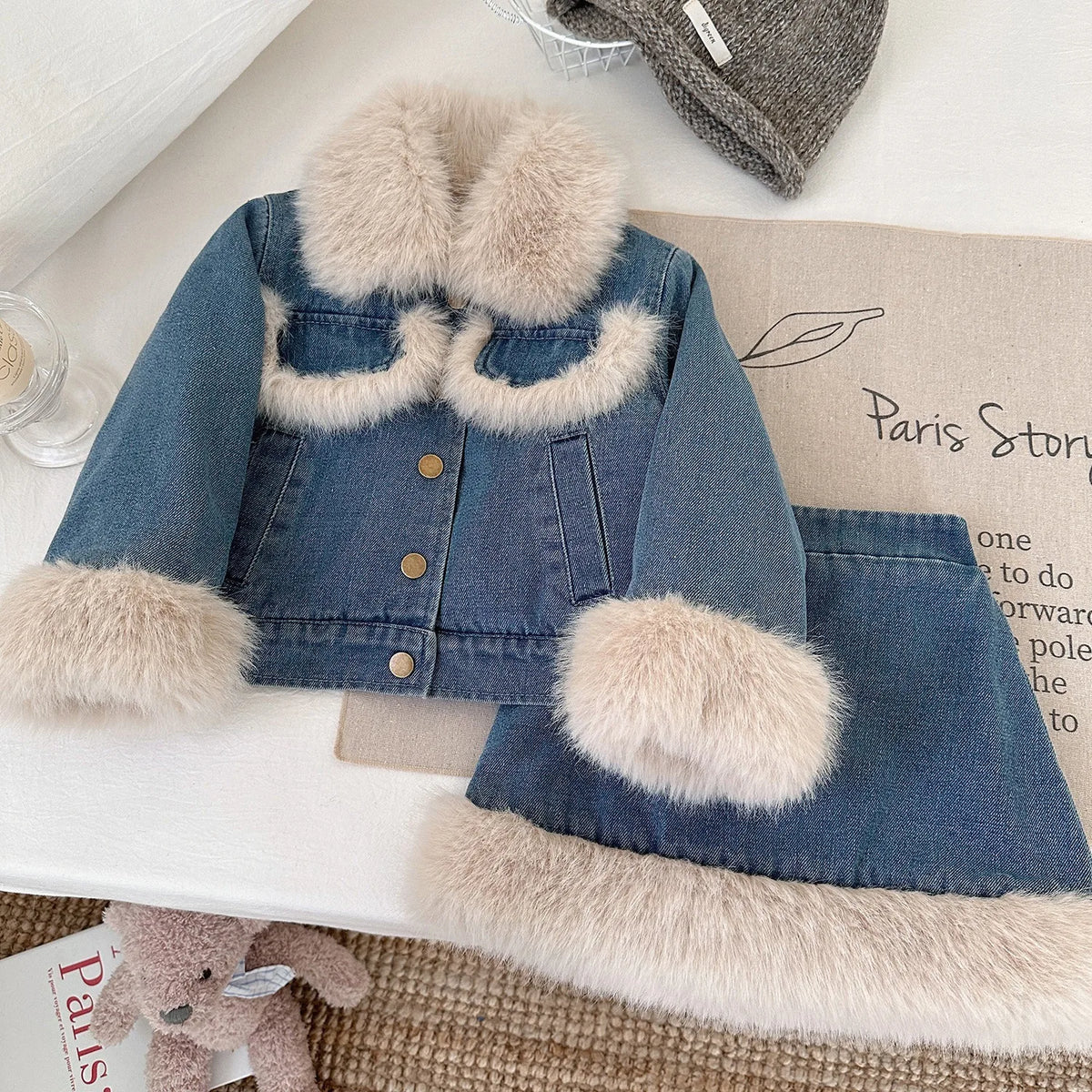 Faux Fur Trim Denim Jacket & Skirt Set for Girls