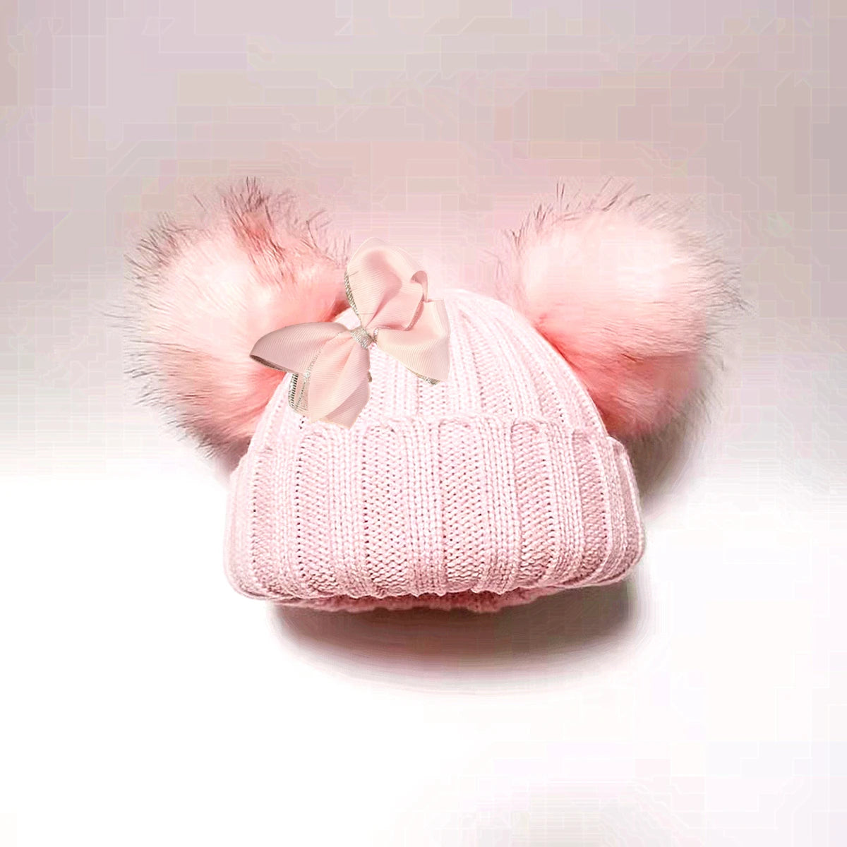 Double Pom Knit Beanie & Scarf Set with Bow