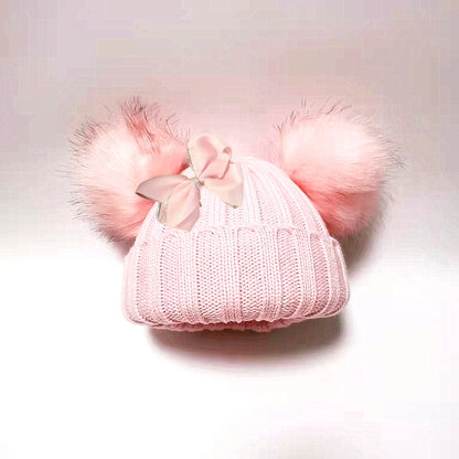 Double Pom Knit Beanie & Scarf Set with Bow