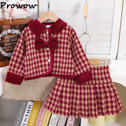 Burgundy Plaid Bow Jacket & Pleated Skirt Set for Girls