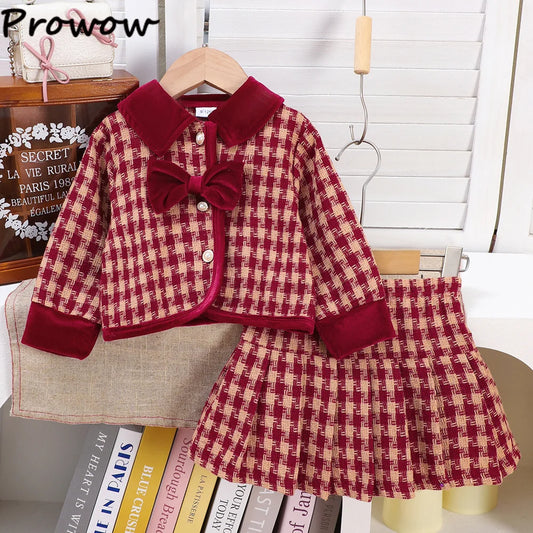 Burgundy Plaid Bow Jacket & Pleated Skirt Set for Girls
