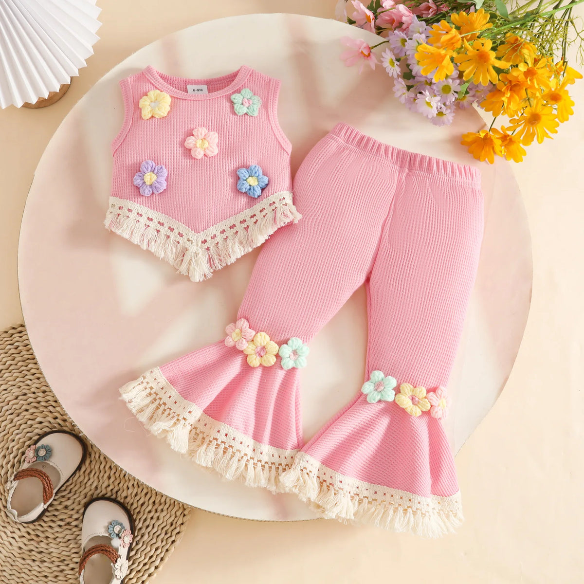 Floral Appliqué Ribbed Top & Pleated Shorts Set for Girls