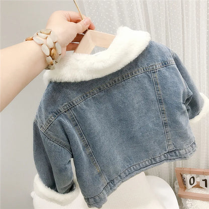 Girls Fleece-Lined Denim Jacket with Faux Fur Collar – Warm Winter Coat (1–6 Years)