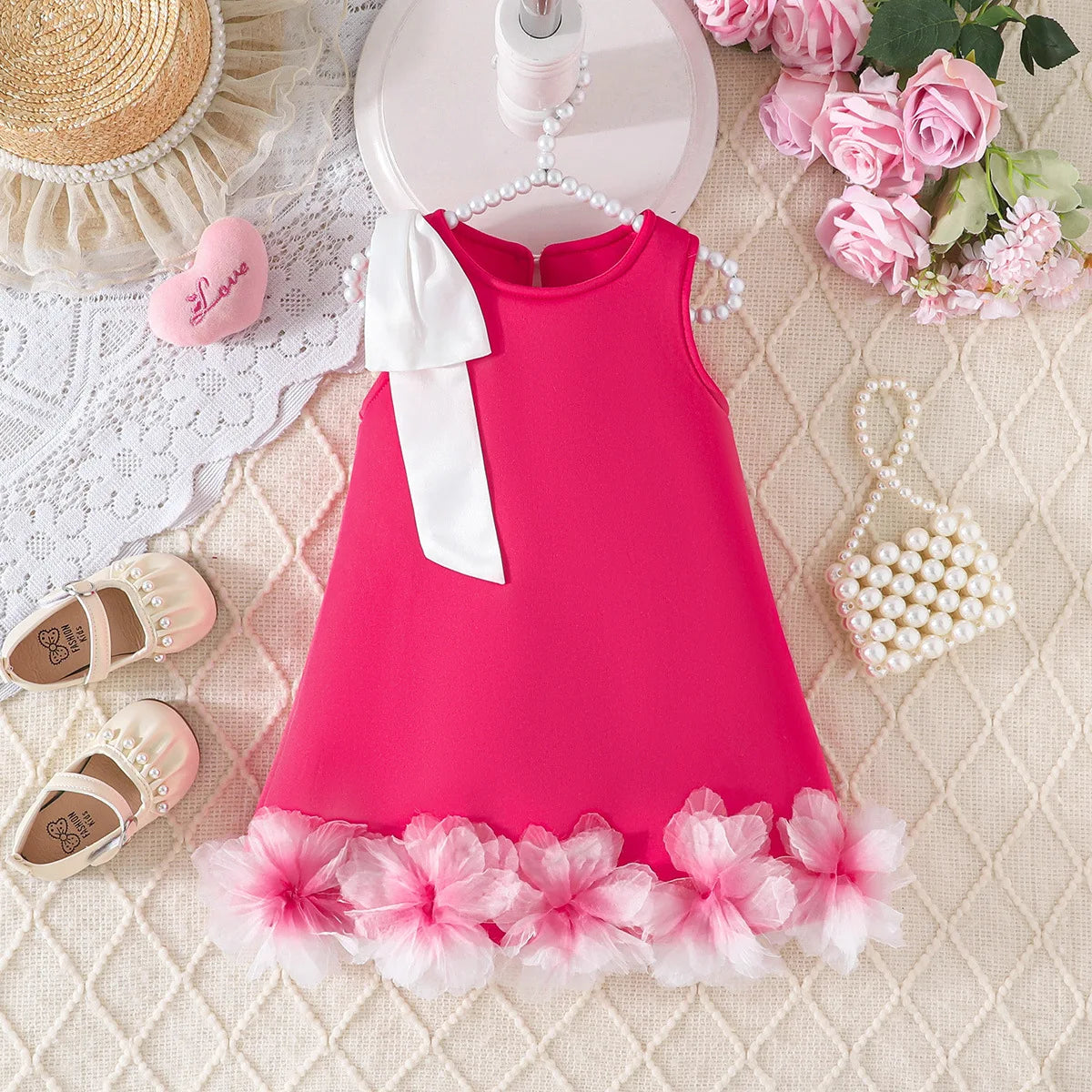 Flower-Shoulder A-Line Party Dress for Girls