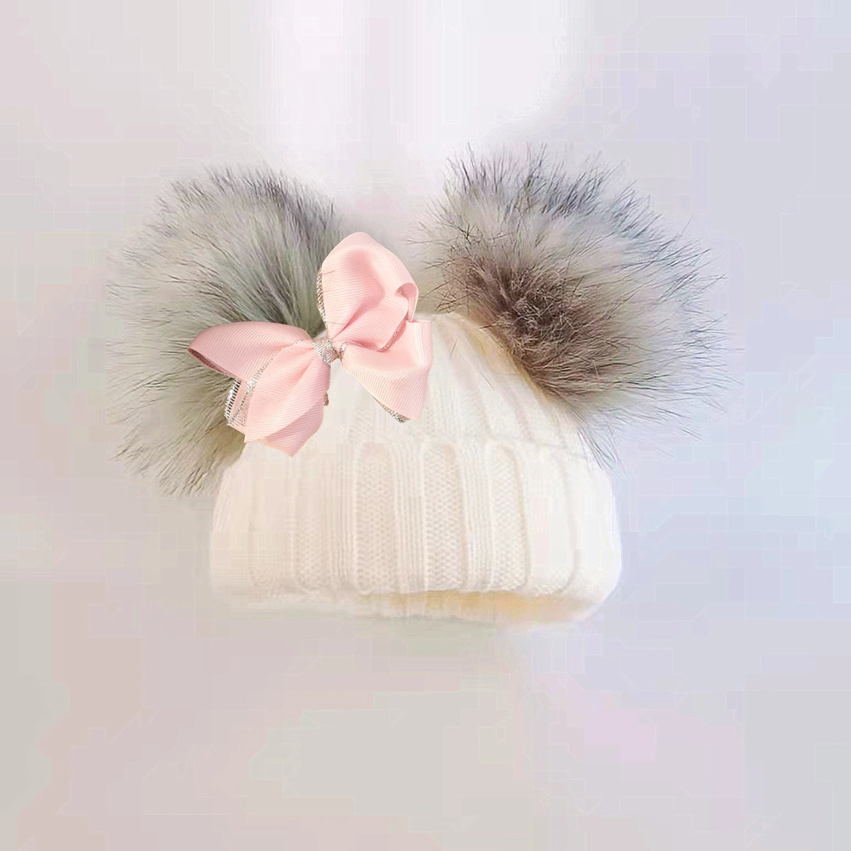 Double Pom Knit Beanie & Scarf Set with Bow